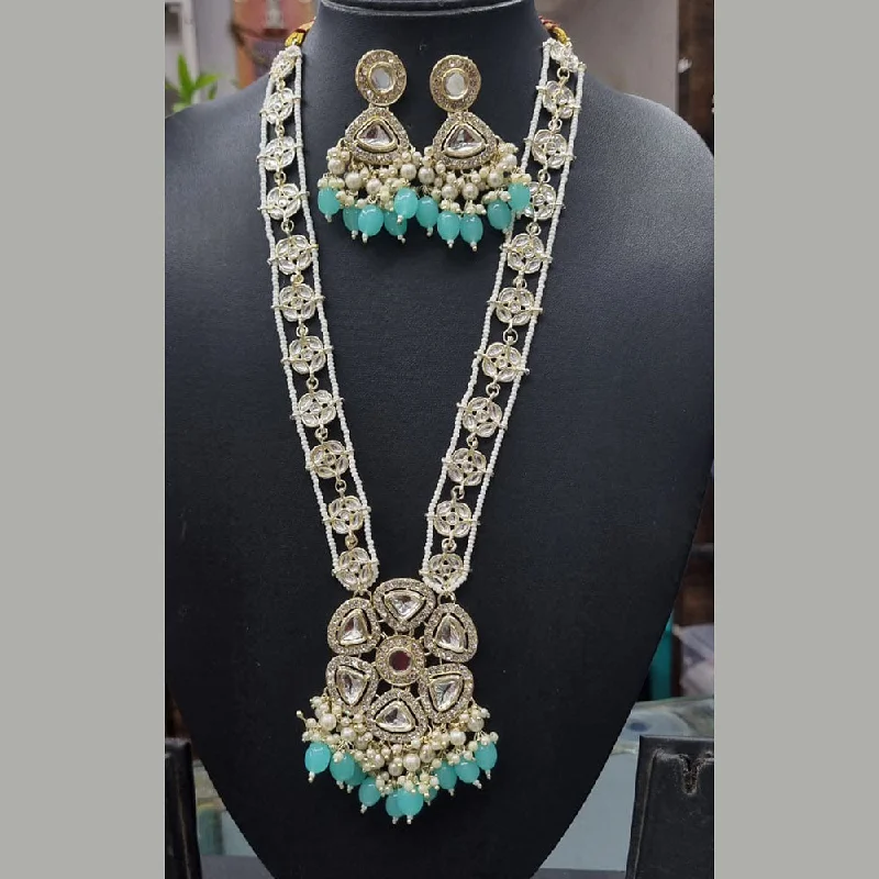 Gold Bar Necklace-Naitika Arts Gold Plated Kundan Stone And Pearl Long Necklace Set