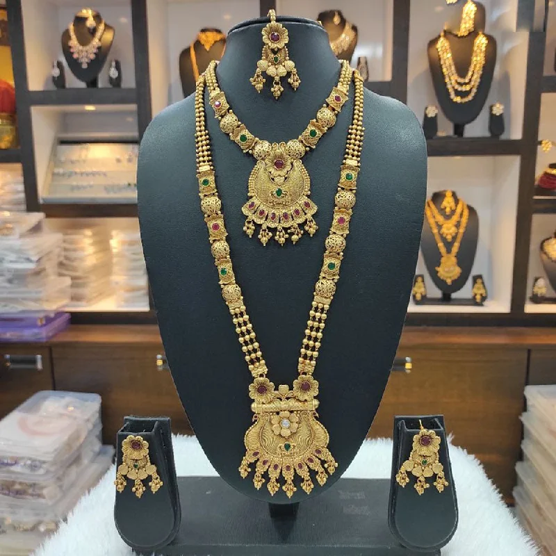 Custom Birthstone Jewelry Necklace-Heera Jewellers Gold Plated Pota Stone Double Necklace Set