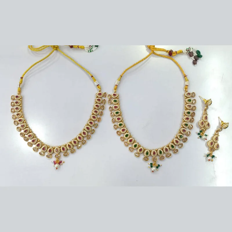 Double Pendant Necklace-Manisha Jewellery Gold Plated Crystal Stone And Pearls Necklace Set