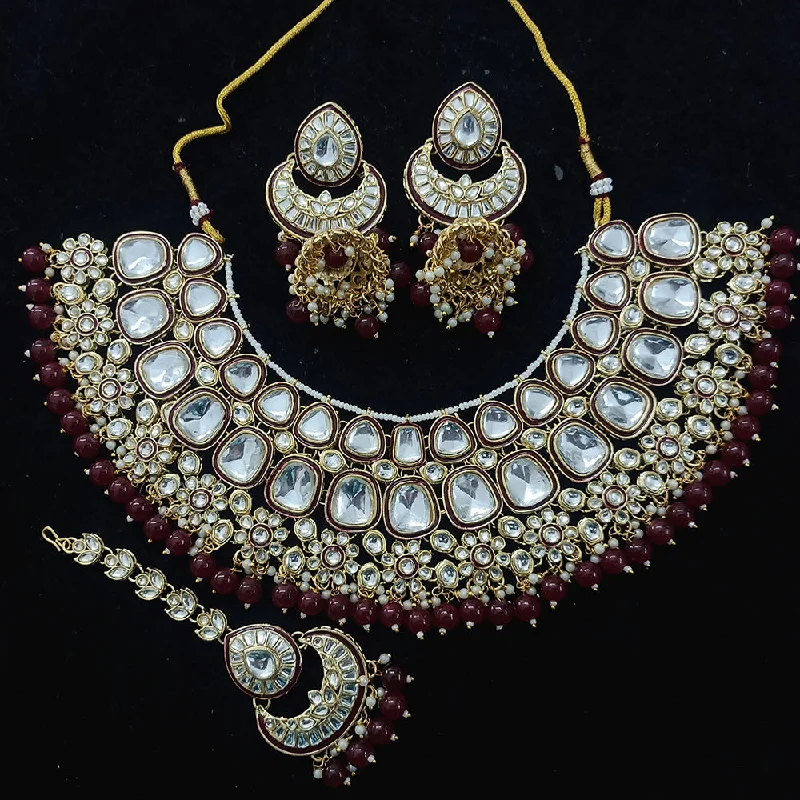 Gold Pendant Necklace for Women-Gehana Mahal Gold Plated Kundan Stone And Beads Meenakari Necklace Set