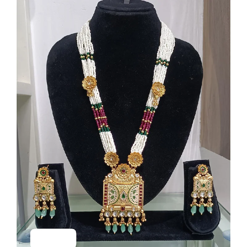 Luxury Custom Necklace-JCM Gold Plated Kundan Stone And Meenakari Long Necklace Set