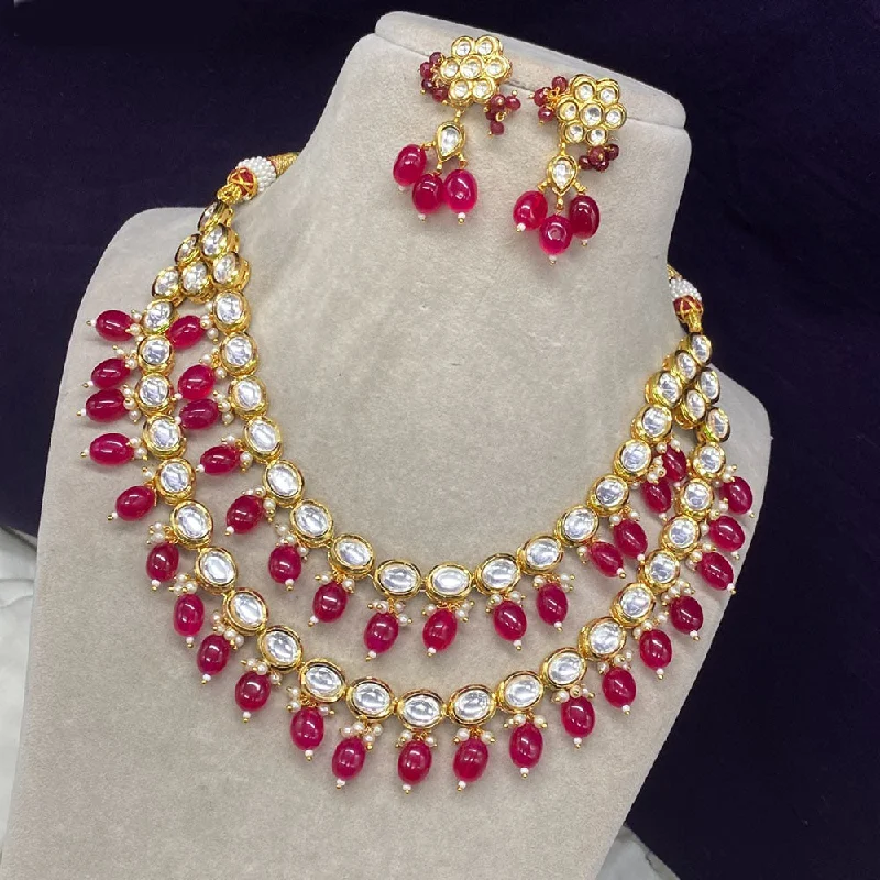 Handmade Necklace-Amoliya Jewels Gold Plated Polki Kundan Stone And Beads Necklace Set