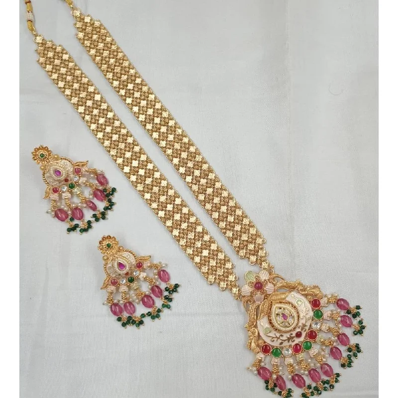 Fashionable Crystal Necklace-Akruti Collection Gold Plated Pota Stone And Beads Long Necklace Set