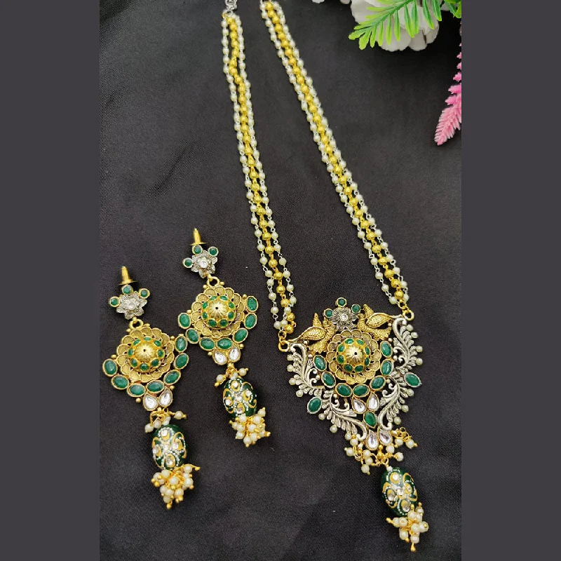 Unique Charm Necklace-Fancyla 2 Tone Plated Kundan Stone And Pearls Long Necklace Set