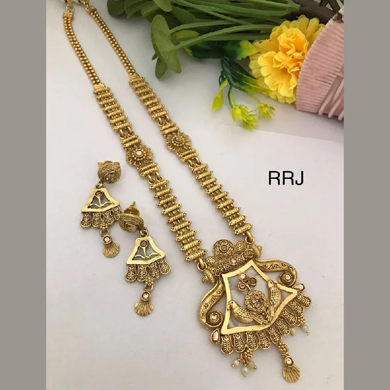 Gold Choker Necklace-FS Collection Gold Plated Pota Stone And Pearls Necklace Set