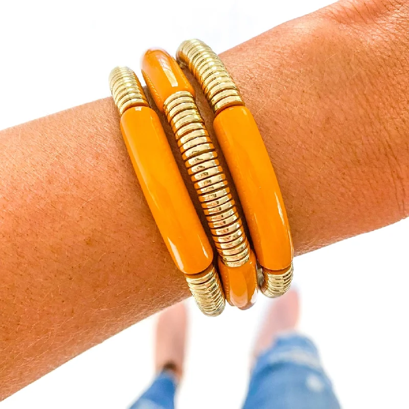 Sparkling Tennis Bracelets-Acrylic Tube Bamboo Bracelet Multi Gold Disc Summer Yellow