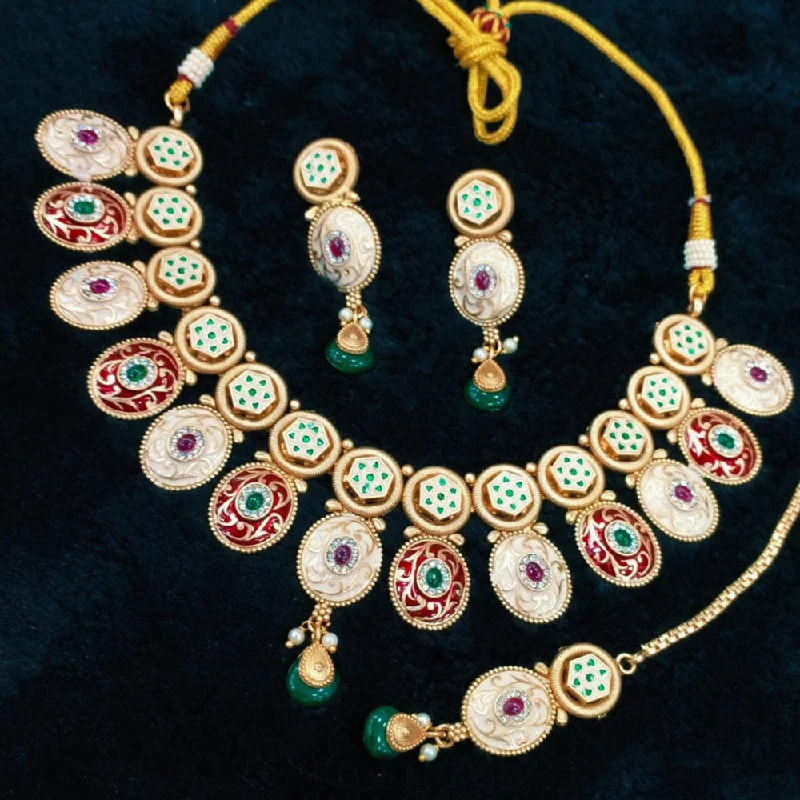 Multi-Strand Necklace-Everlasting Quality Jewels Gold Plated Kundan And Meenakari Necklace Set