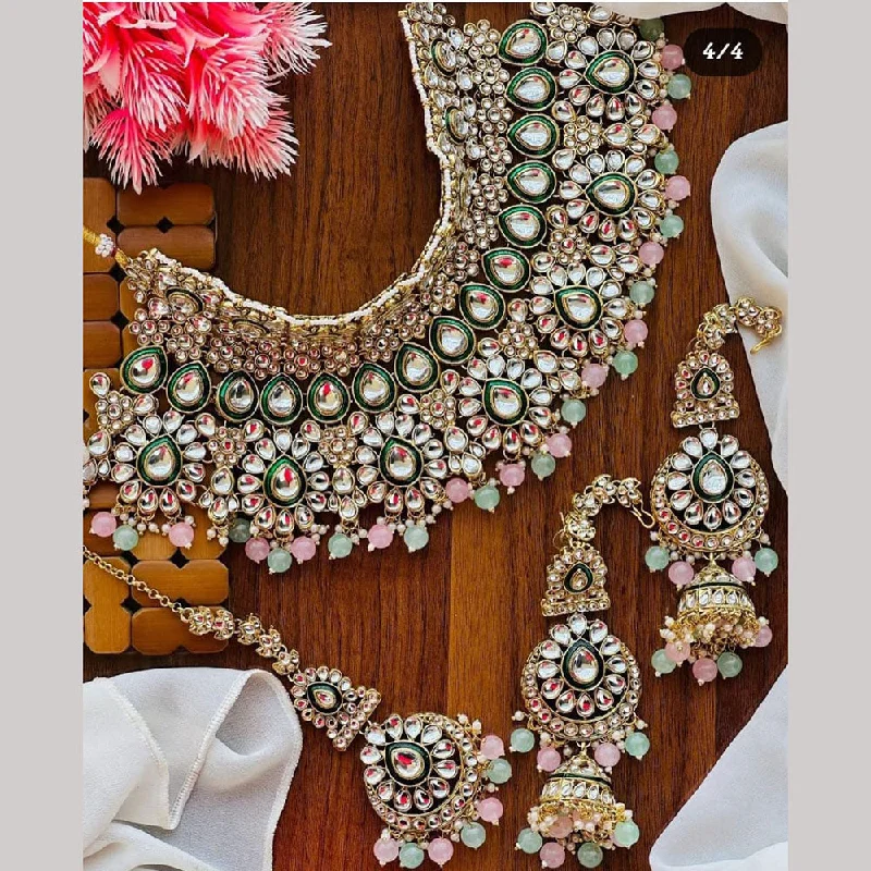 Silver Heart Necklace-India Art Gold Plated Kundan Stone And Pearls Choker Necklace Set