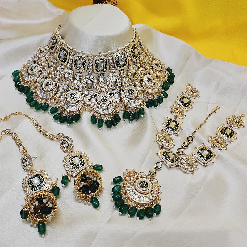 Diamond and Pearl Necklace-Gehana Mahal Gold Plated Kundan Stone And Beads Semi Bridal Set