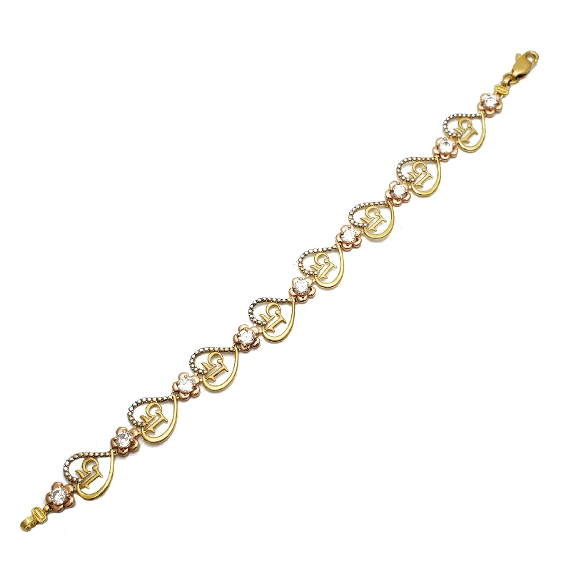 Rose Gold Bracelets-Tricolor Heart 15 Quinceñeara Bracelet (14K)