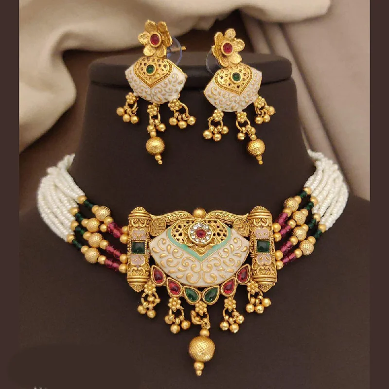 Crystal Pendant Necklace-FS Collection Gold Plated Pota Stone And Meenakari Pearls Choker Necklace Set