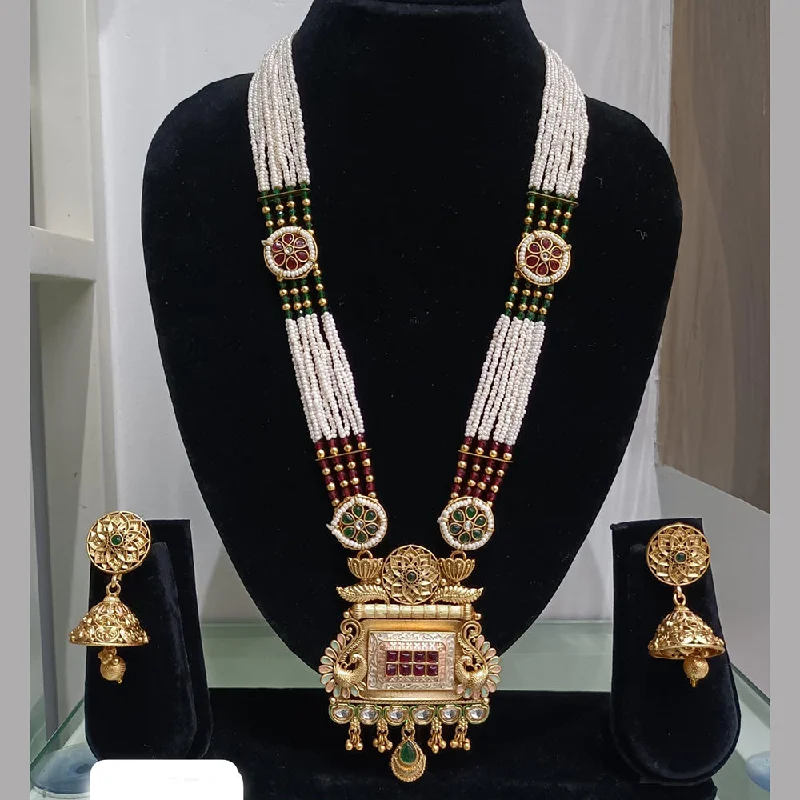 Personalized Pendant Necklace-JCM Gold Plated Kundan Stone And Meenakari Long Necklace Set