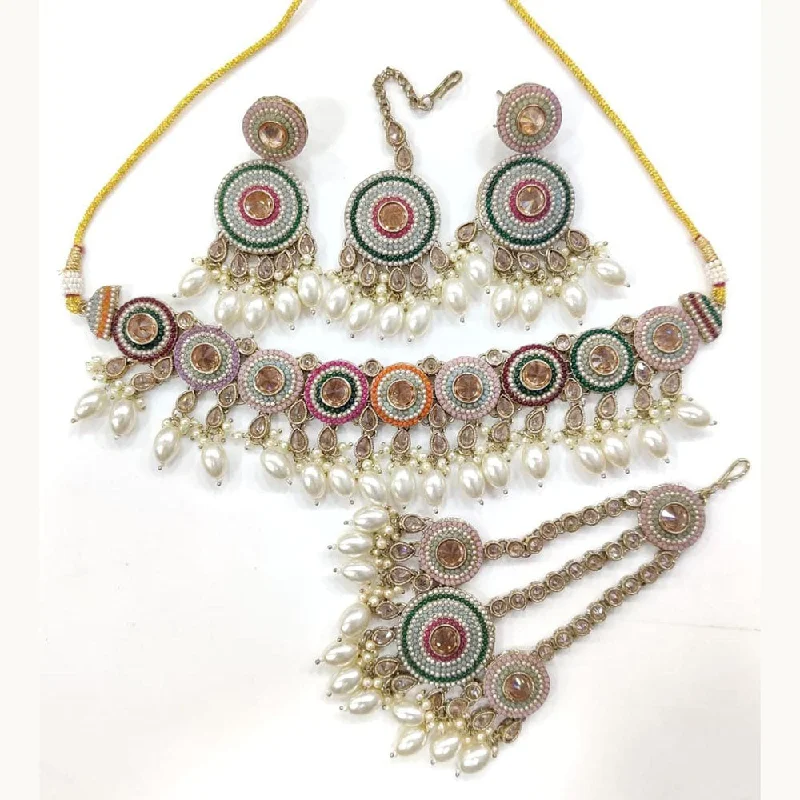 Vintage Pearl and Gold Necklace-Manisha Jewellery Gold Plated Crystal Stone And Pearls Necklace Set