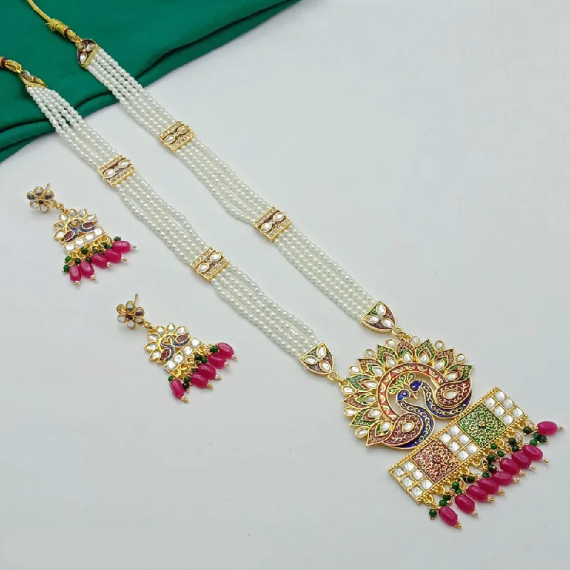 Handcrafted Silver Necklace-SP Jewellery Gold Plated Kundan Stone And Pearl Long Necklace Set