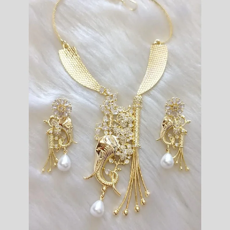 Simple Chain Necklace-FS Collection Gold Plated Crystal Stone And Pearl Elephant Design Necklace Set