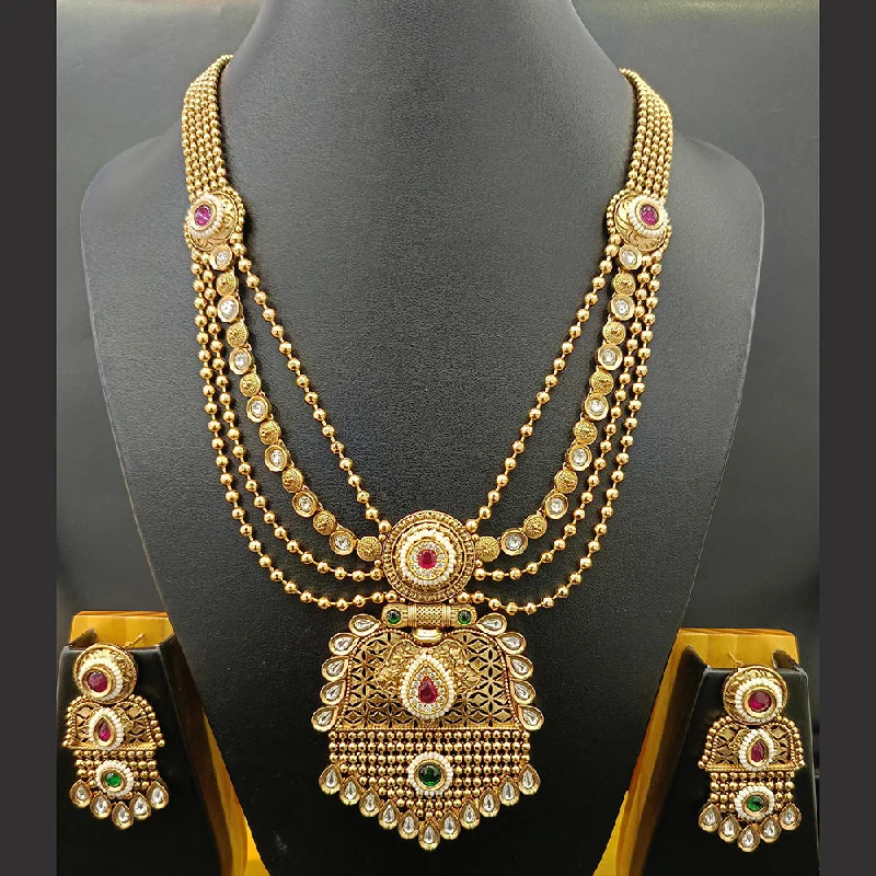 Gold Rope Necklace-Jain Jewellers Gold Plated Kundan Stone And Pearl Long Necklace Set