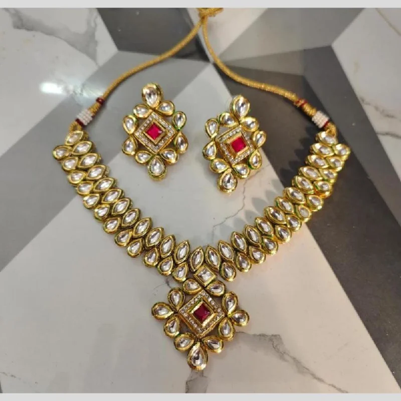 Classic Gold Pendant Necklace-FS Collection Gold Plated Kundan Stone Necklace Set