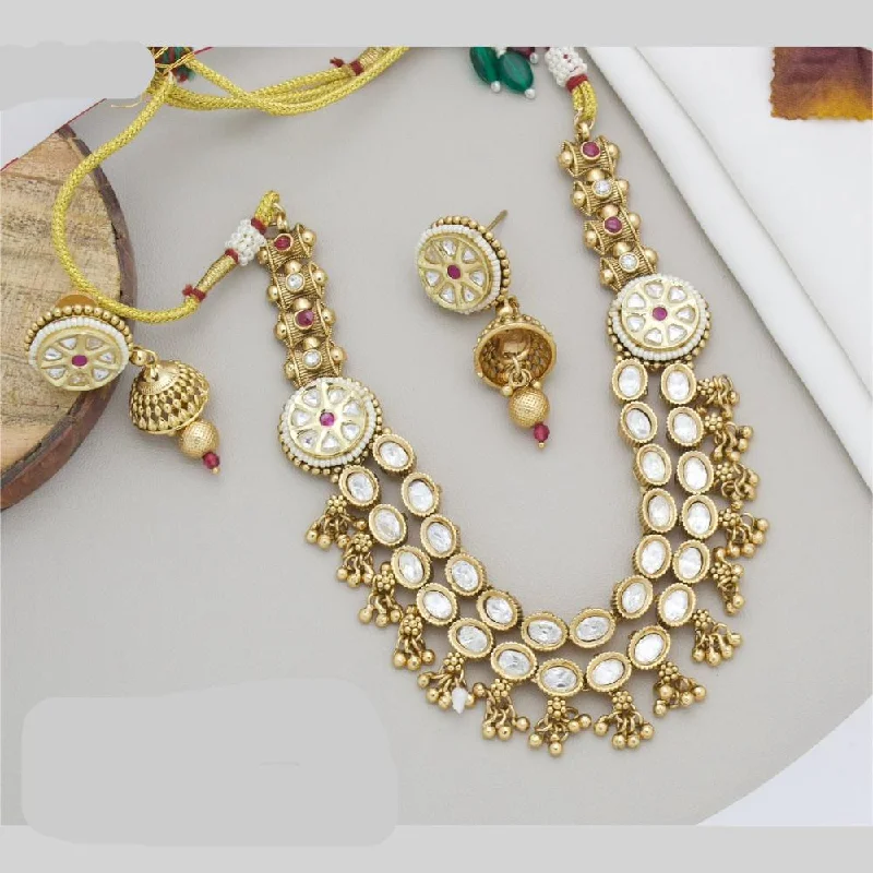 Gemstone Drop Necklace-JCM Gold Plated Kundan Stone And Pearls Necklace Set