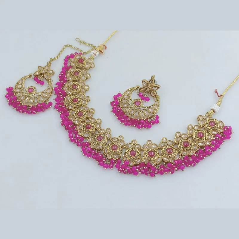 Art Deco Necklace-Rajwadi Collection Gold Plated Crystal Stone And Beads Necklace Set