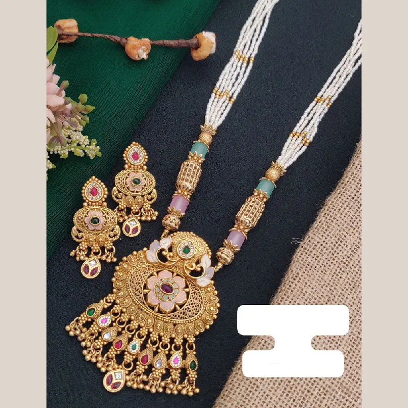 Long Gold Necklace-FS Collection Gold Plated Pota Stone And Pearl Long Necklace Set