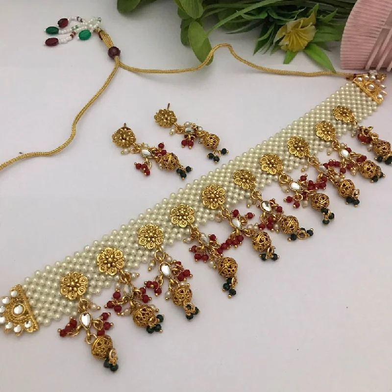 Gold Bead Necklace-FS Collection Gold Plated Kundan Stone And Pearls Choker Necklace Set