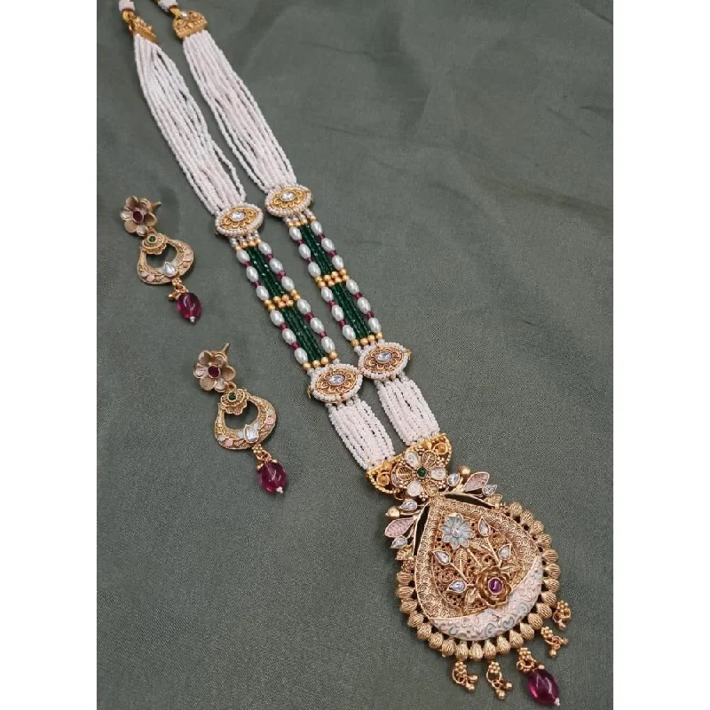 Double Chain Necklace-Akruti Collection Gold Plated Kundan Stone Meenakari Pearls Long Necklace Set