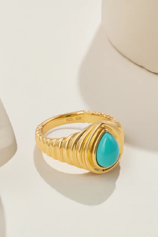 Gold Wedding Band for Women-Ridge Teardrop Turquoise Gold Vermeil Ring