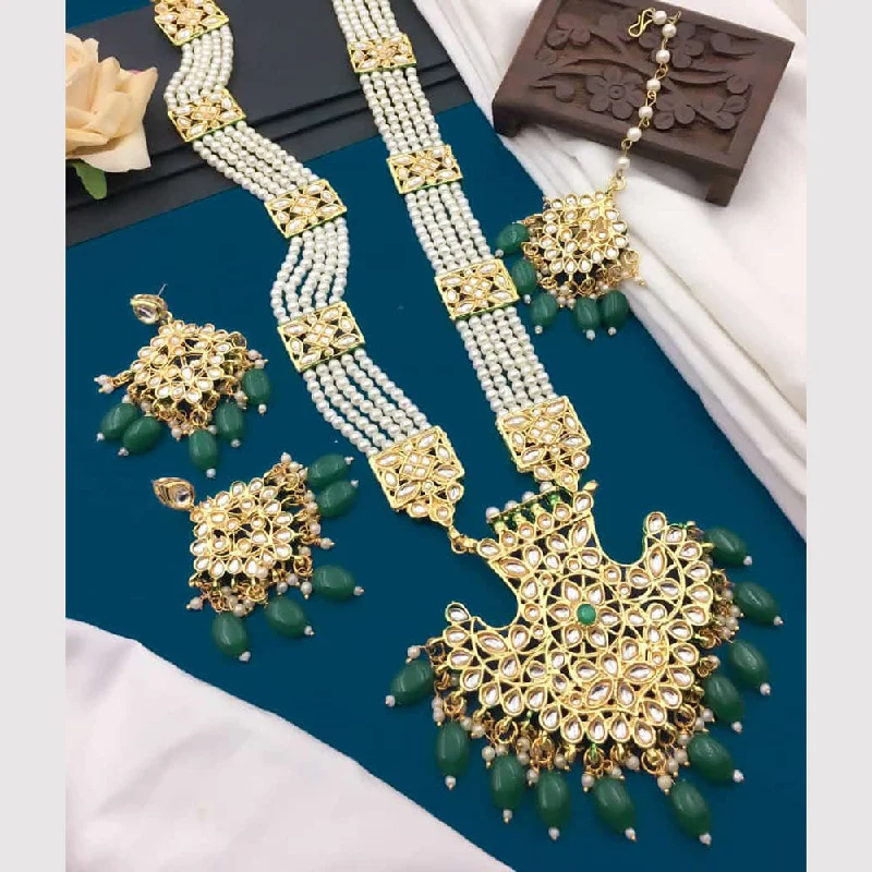 Handmade Necklace-5G Jewellery Gold Plated Kundan Stone And Beads Long Necklace Set