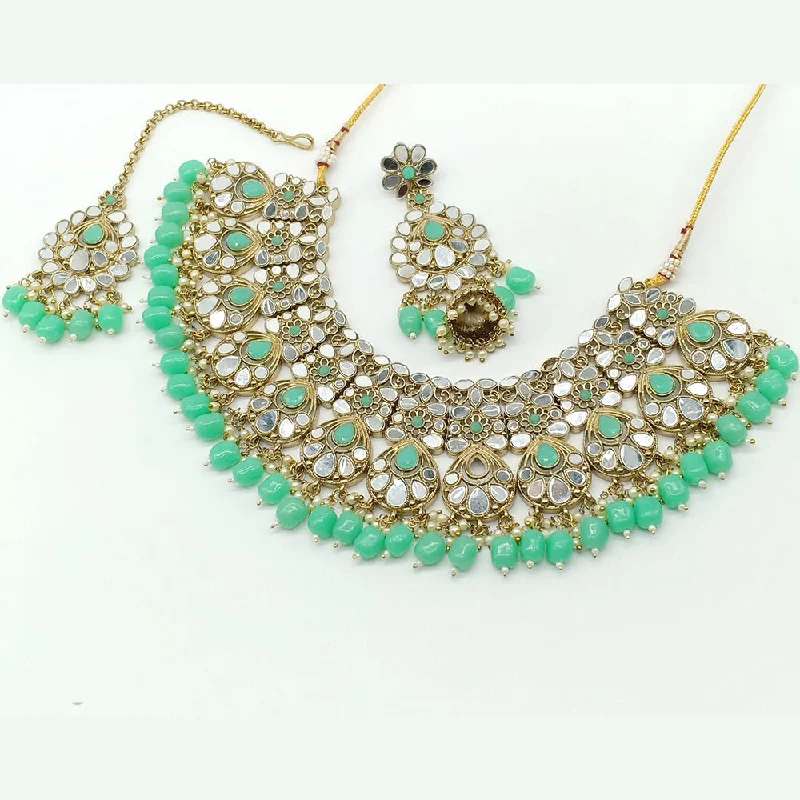 Long Gold Necklace-Rajwadi Collection Gold Plated Pearl Mirror And Beads  Choker Necklace Set