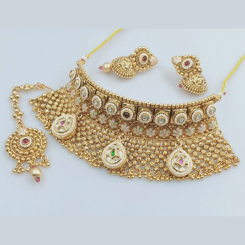 Chunky Chain Necklace-JCM Gold Plated Kundan Stone And Meenakari Choker Necklace Set