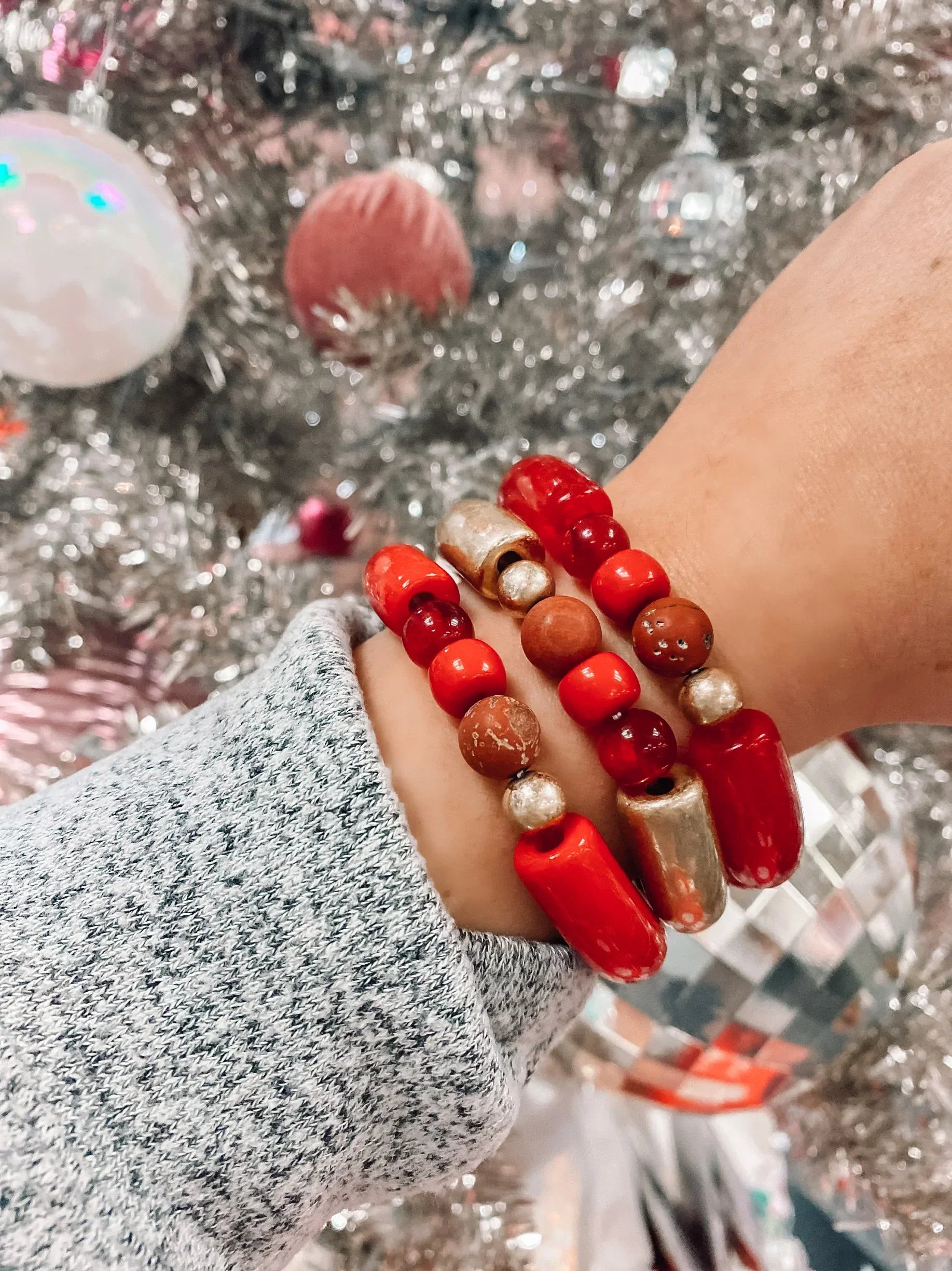 Adjustable Bracelet for Couples-Red & Gold Beaded Bracelet Set