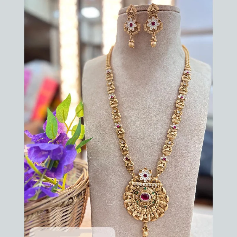 Double Chain Necklace-Jewel Addiction Gold Plated Pota Stone And Meenakari Long Necklace Set