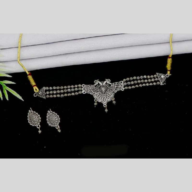 Elegant CZ Necklace-Mahavir Oxidised Plated Choker Necklace Set