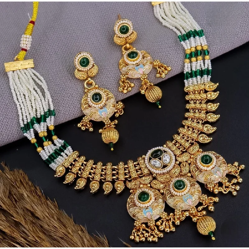 Fashionable Multi-Chain Necklace-Akruti Collection Gold Plated Kundan Stone And Meenakari Pearls Necklace Set