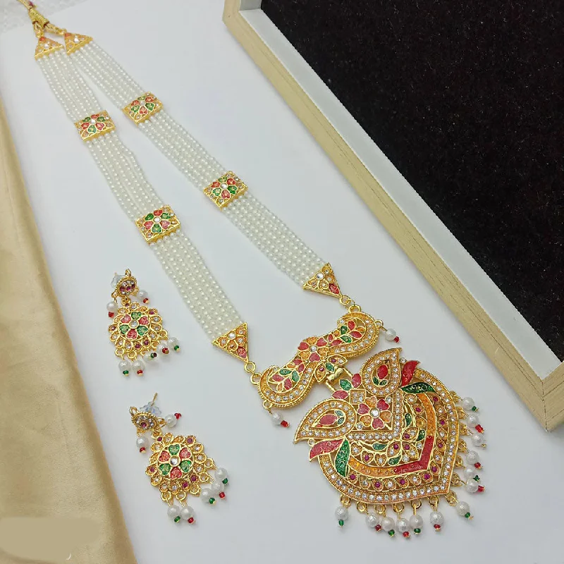 Crystal Bar Necklace-SP Jewellery Gold Plated Kundan Stone And Pearl Long Necklace Set