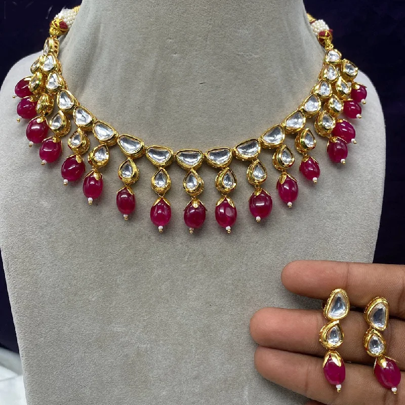 Round Gemstone Necklace-Amoliya Jewels Gold Plated Polki Kundan Stone And Beads Necklace Set