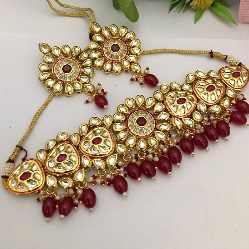 Fancy Choker Necklace-FS Collection Gold Plated Kundan Stone And Pearls Choker Necklace Set