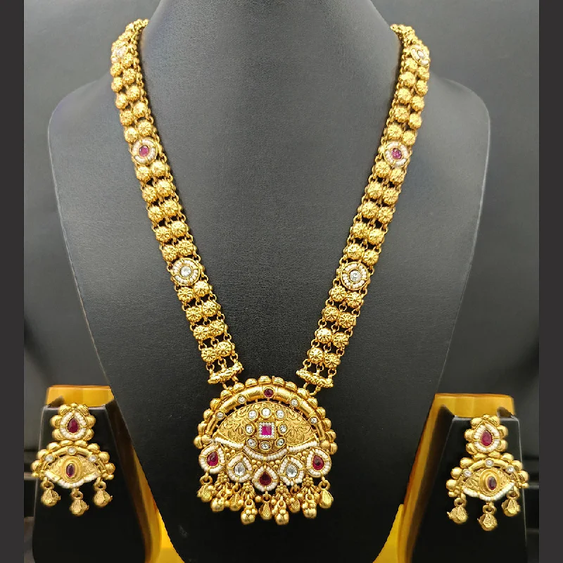 Chunky Bead Necklace-Jain Jewellers Gold Plated Kundan Stone And Pearl Long Necklace Set