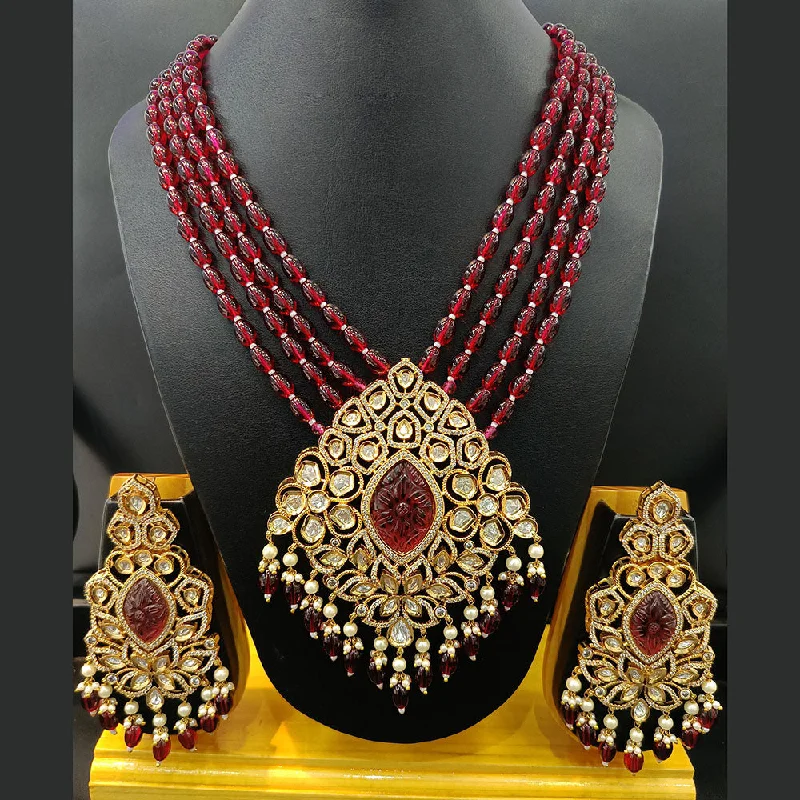 Double Layer Necklace-Jain Jewellers Gold Plated Polki Kundan And Pearls Long Necklace Set