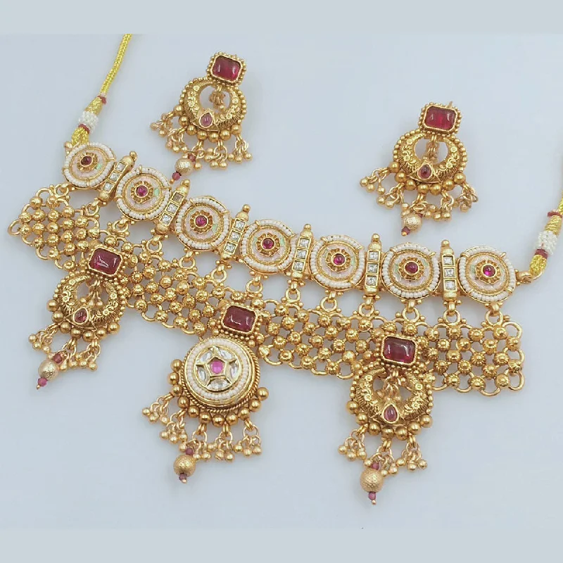 Fashionable Choker Necklace-JCM Gold Plated Kundan Stone And Meenakari Choker Necklace Set