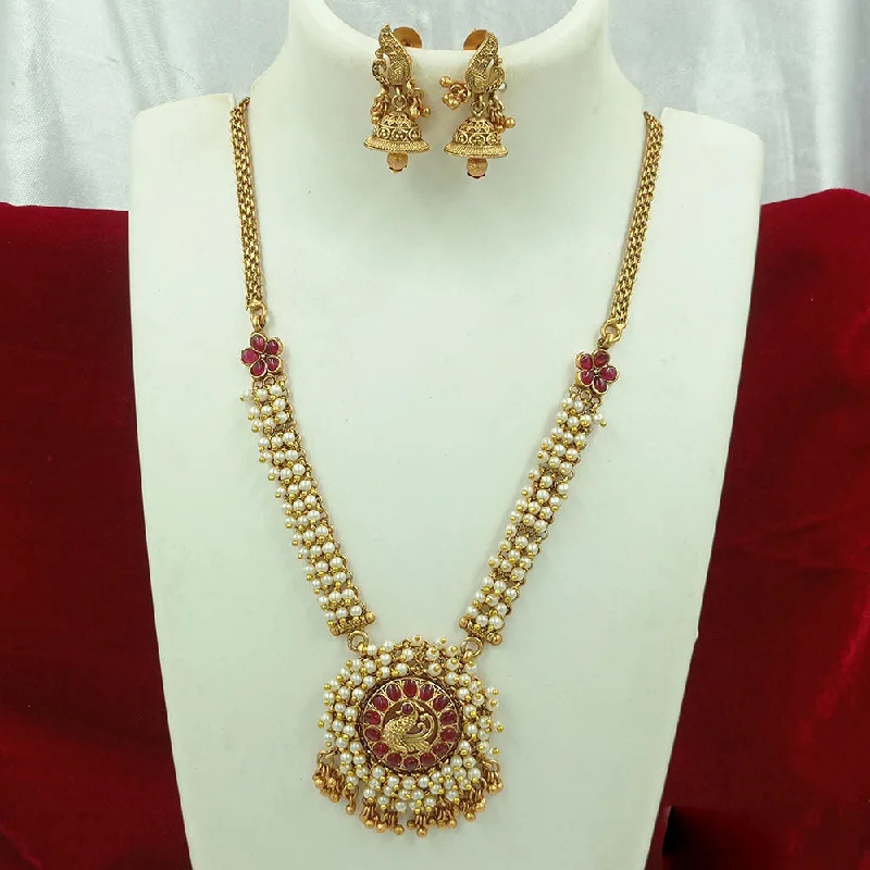 Gold Bangle Necklace-Joyful Jewel Art Matte Gold Plated Kundan Stone And Pearls Long Necklace Set