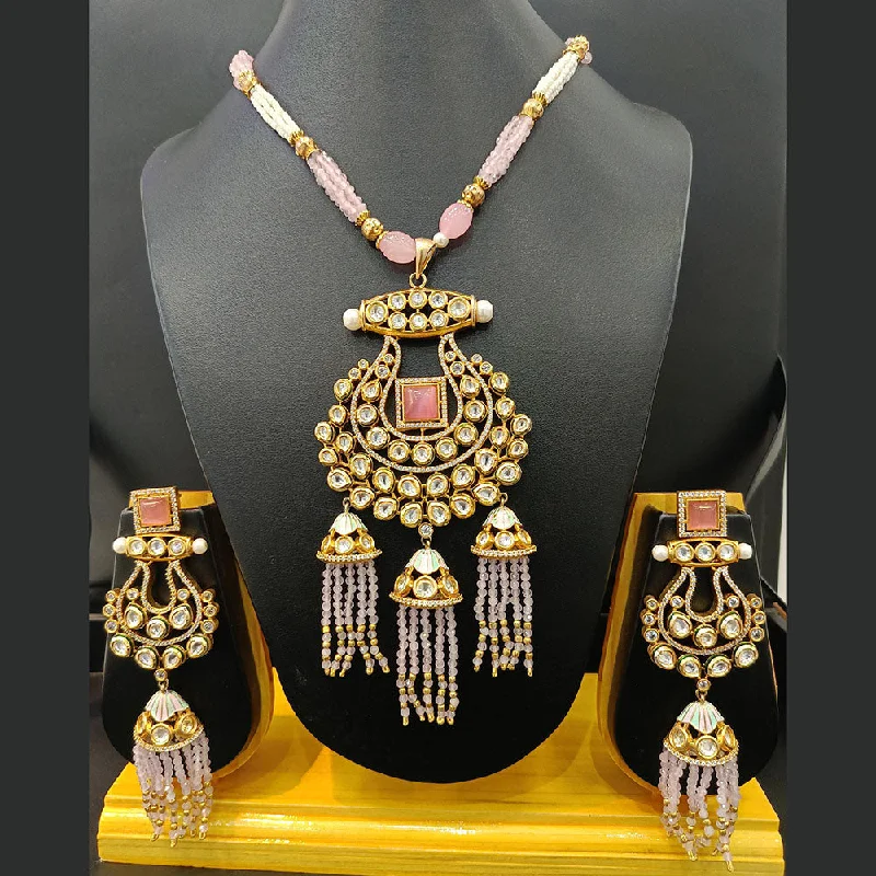 Heart Shaped Gold Necklace-Jain Jewellers Gold Plated Polki Kundan And Pearls Long Necklace Set