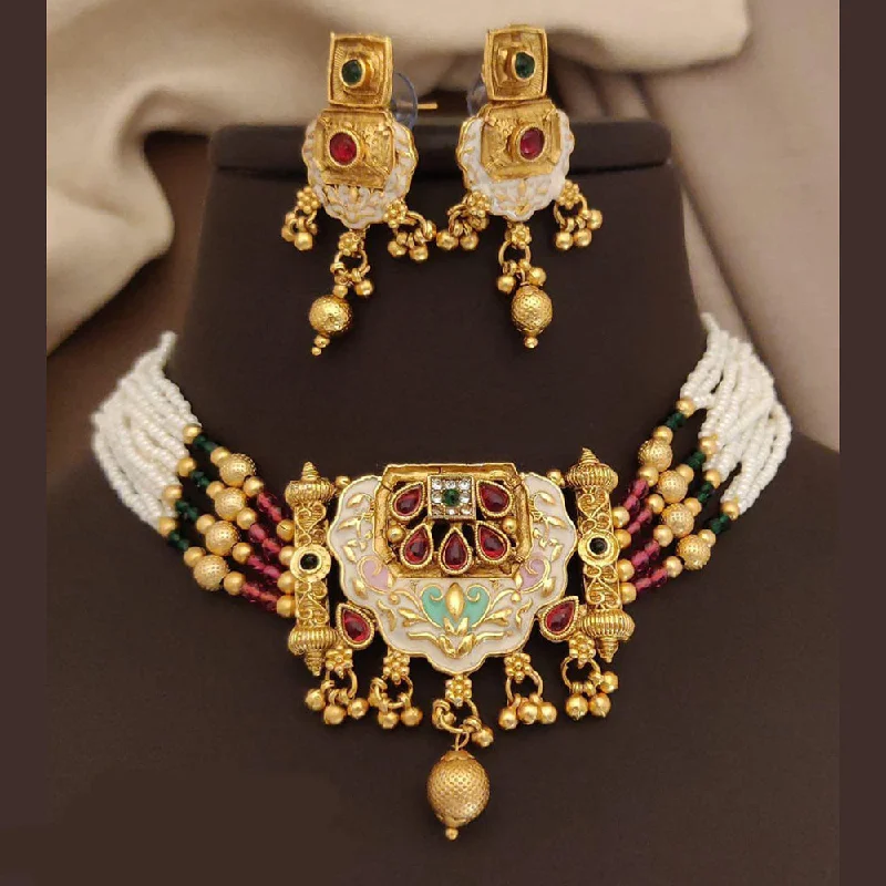 Statement Necklaces for Parties-FS Collection Gold Plated Pota Stone And Meenakari Pearls Choker Necklace Set