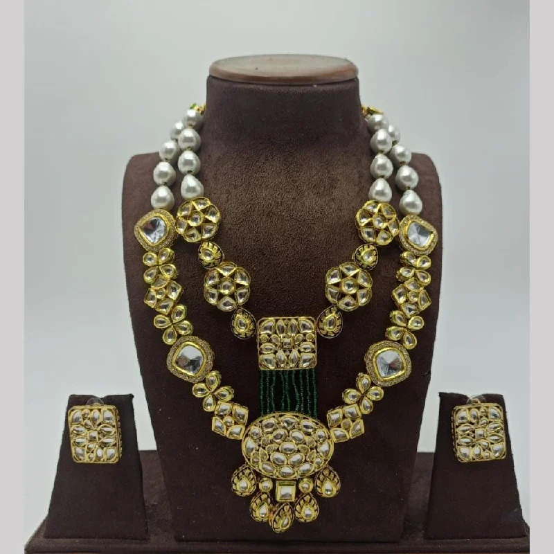 Long Dangle Necklace-FS Collection Gold Plated Kundan Stone  Necklace Set