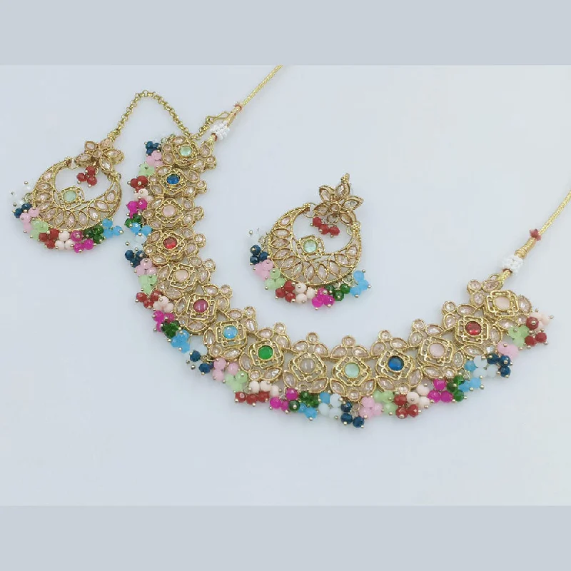 Oval Gemstone Necklace-Rajwadi Collection Gold Plated Crystal Stone And Pearls Necklace Set