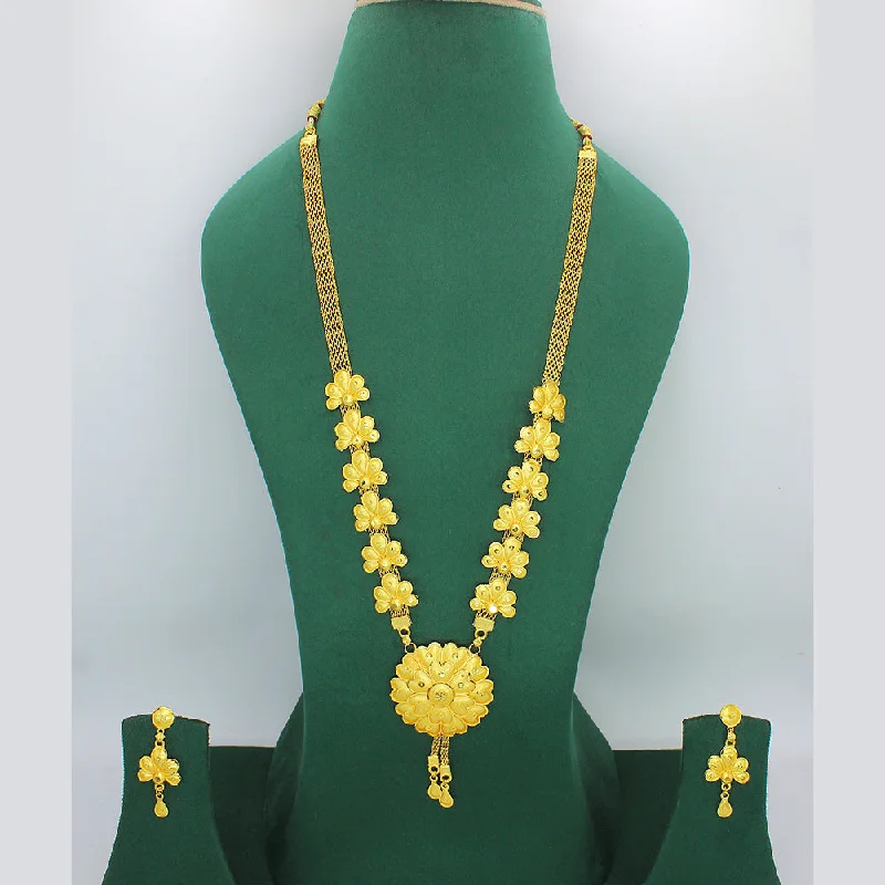 Bridal Wedding Necklace-Mahavir Forming Look Gold Plated Long Necklace Set