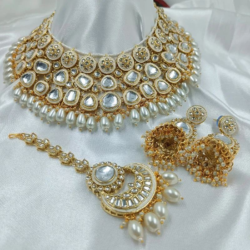 Retro Style Necklace-Gehana Mahal Gold Plated Kundan Stone And Beads Meenakari Necklace Set