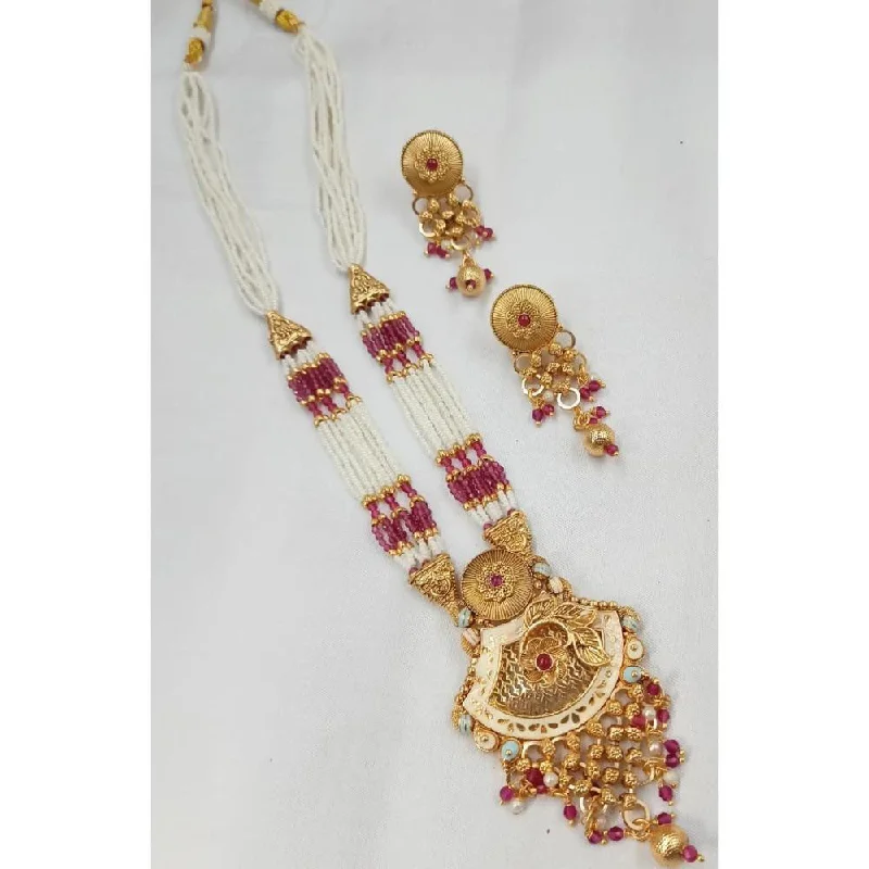 Gold Heart Necklace-Akruti Collection Gold Plated Pota Stone And Pearls Long Necklace Set