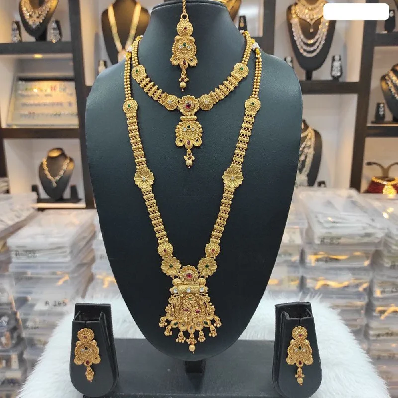 Gold Bar Necklace-Heera Jewellers Gold Plated Pota Stone Double Necklace Set