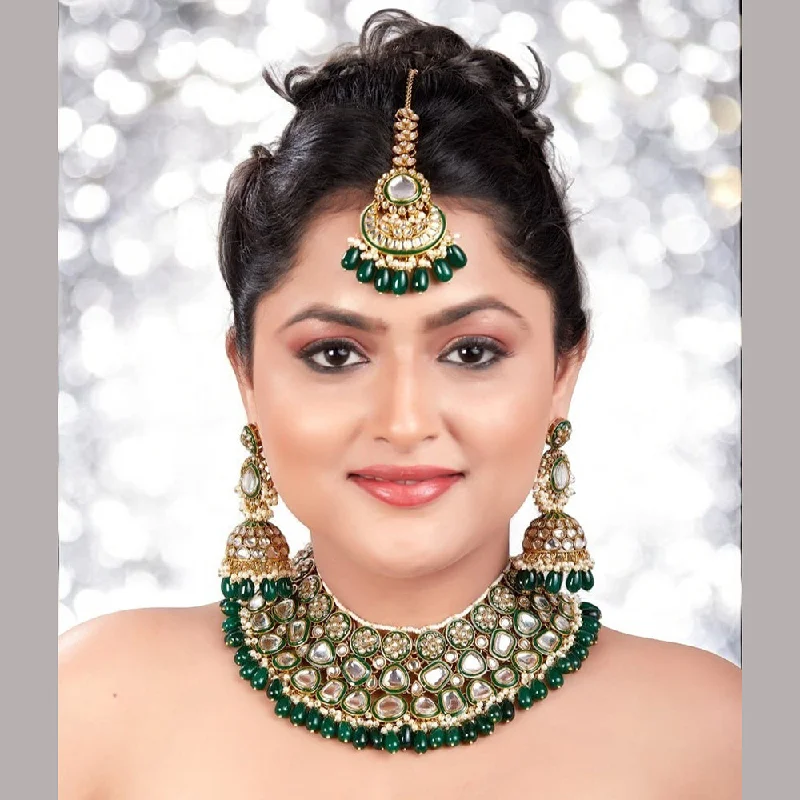 Gemstone Pendant Necklace-Gehana Mahal Gold Plated Kundan Stone And Beads Meenakari Necklace Set